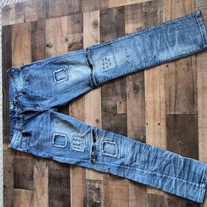 Royal Seven RS7 34 Patchwork Zippers Med Faded Wash Skinny Jeans Biker Sz 34x 33